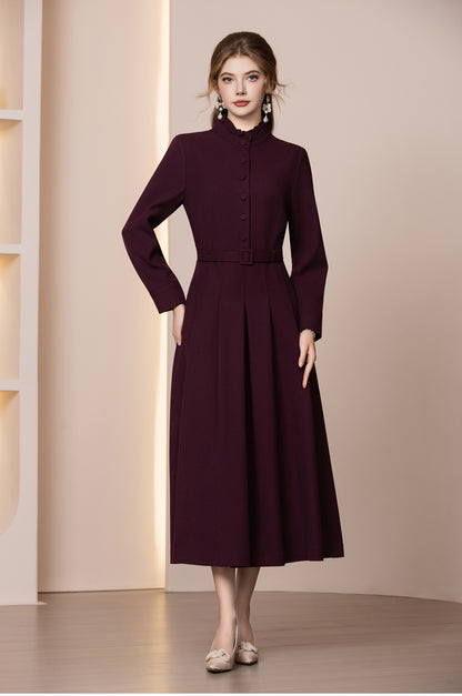 Veloura Kemerli Yün Karışımlı Uzun Kış Elbisesi