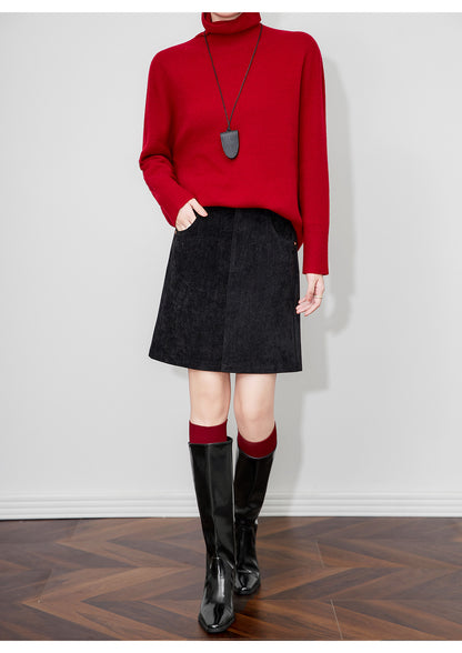 Retro Peluş Dokulu Yüksek Bel Kışlık Kısa Etek (Kemersiz)