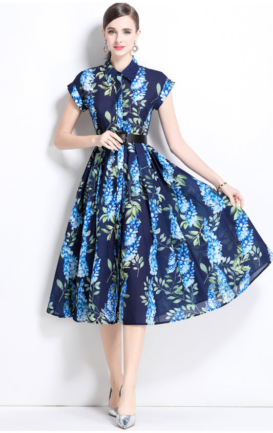 Polo Yaka Baskılı Şık Midi Elbise