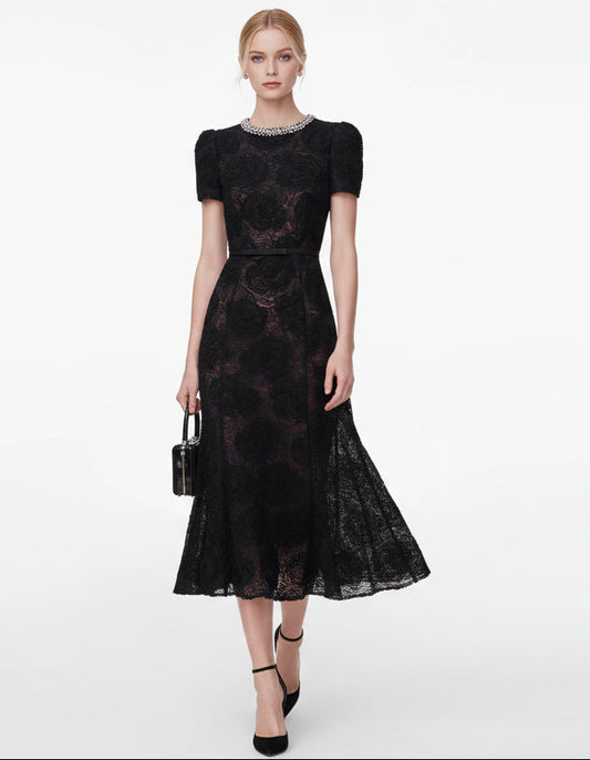 Taş İşlemeli Fransız Stil Balık Form Uzun Elbise (Kemersiz)