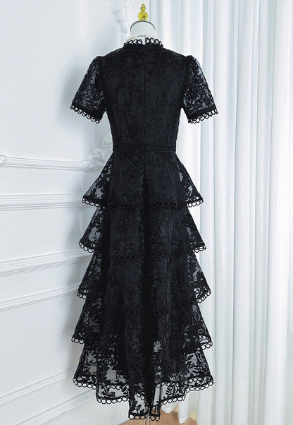 İşlemeli Kat Kat Fırfırlı Maxi Elbise