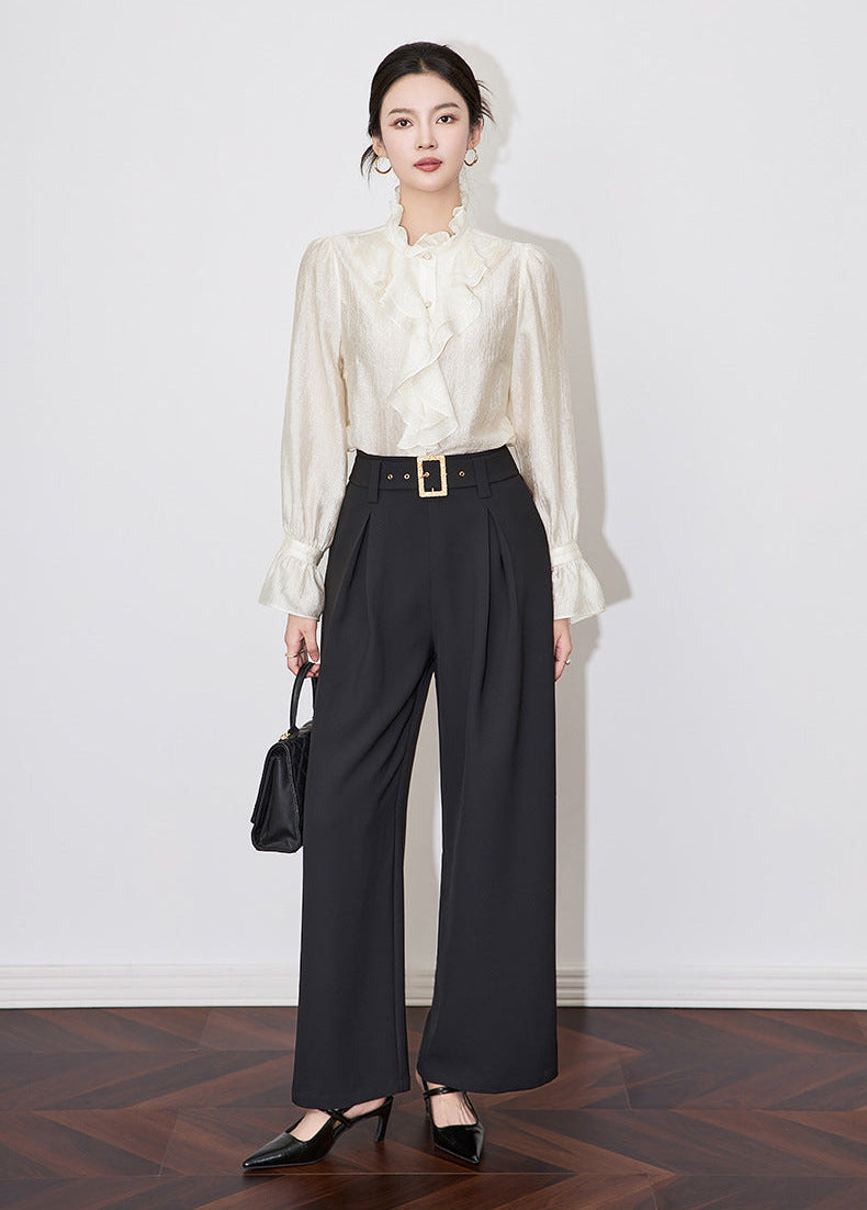 Fırfır Yaka Düğmeli Krem Gömlek