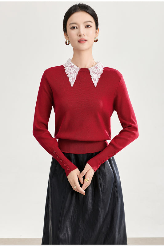 Dantel İşlemeli Yaka Detaylı Triko Bluz