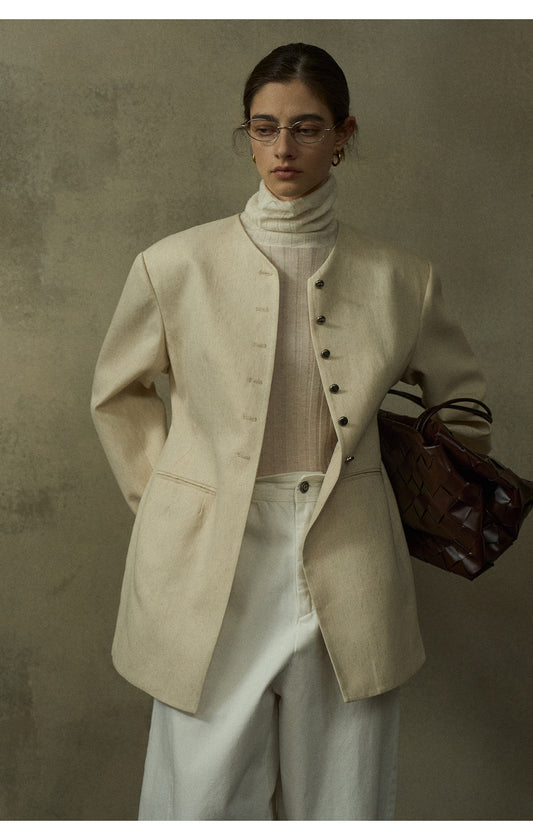 Minimalist Yakasız Bel Detaylı Blazer Ceket