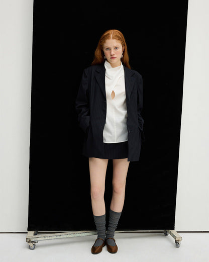 Lacivert Çizgili Oversize Blazer