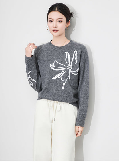 Zarif Kontrast Nakışlı %100 Merino Yün Triko Kazak