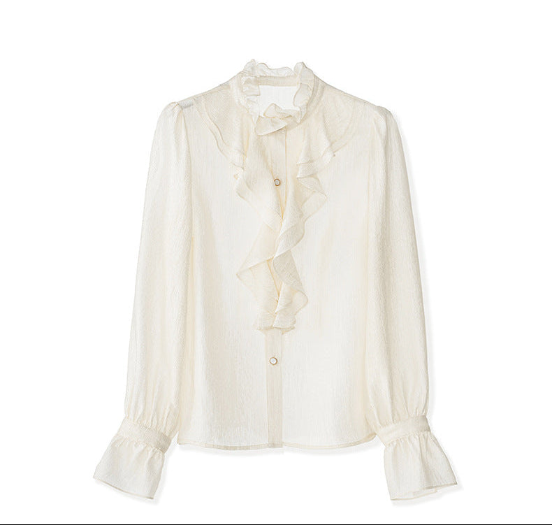 Fırfır Yaka Düğmeli Krem Gömlek