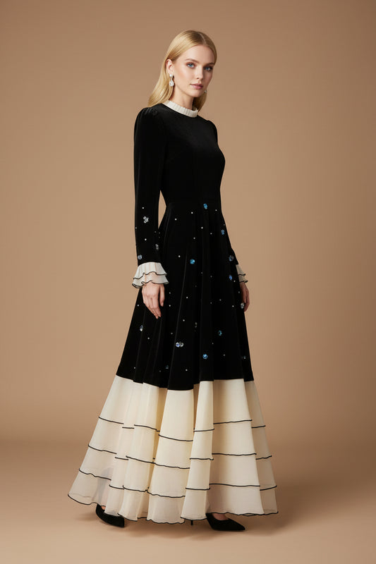 Kadife & Tül Blok Detaylı Uzun Elbise