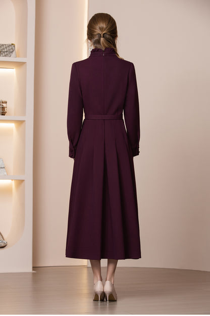 Veloura Kemerli Yün Karışımlı Uzun Kış Elbisesi