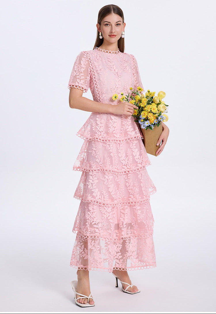 İşlemeli Kat Kat Fırfırlı Maxi Elbise