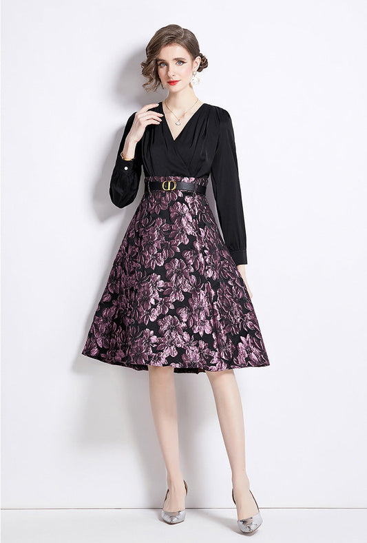 Zarif Jacquard V Yaka Orta Boy Elbise (Kemersiz)