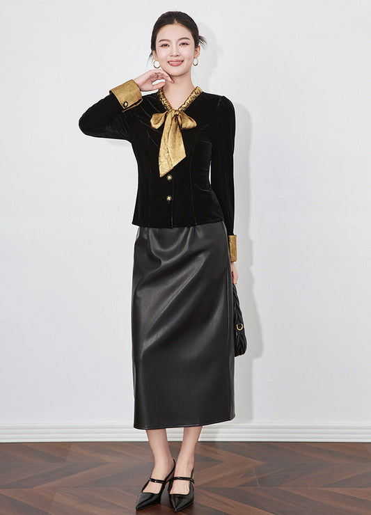 Kadife Kontrastlı Fransız Stili Fiyonk Detaylı İnce Gösteren Bluz