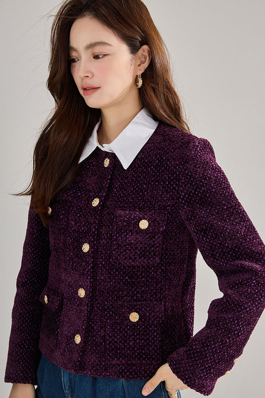 Mor Tweed Fransız Stil Kısa Ceket