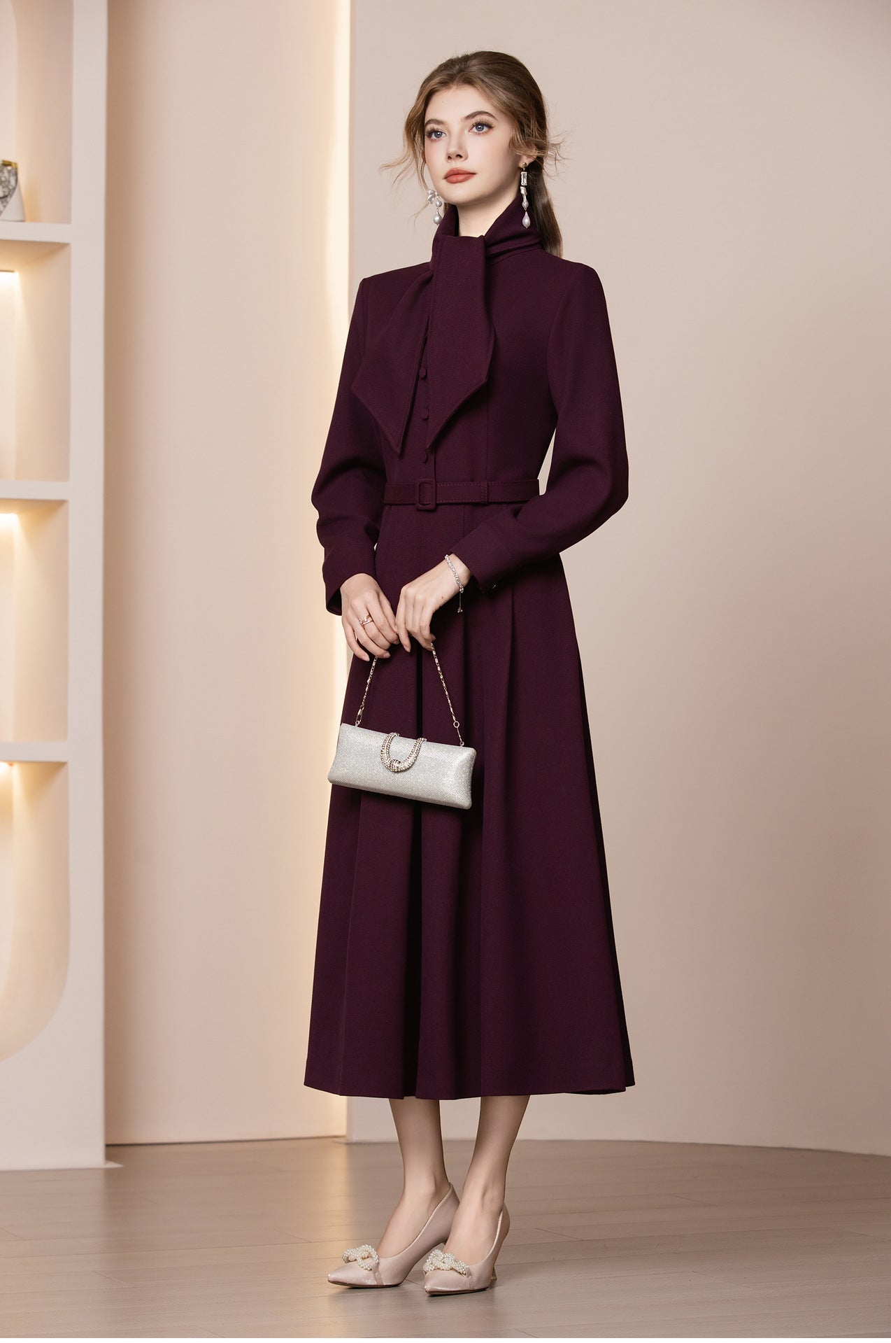 Veloura Kemerli Yün Karışımlı Uzun Kış Elbisesi