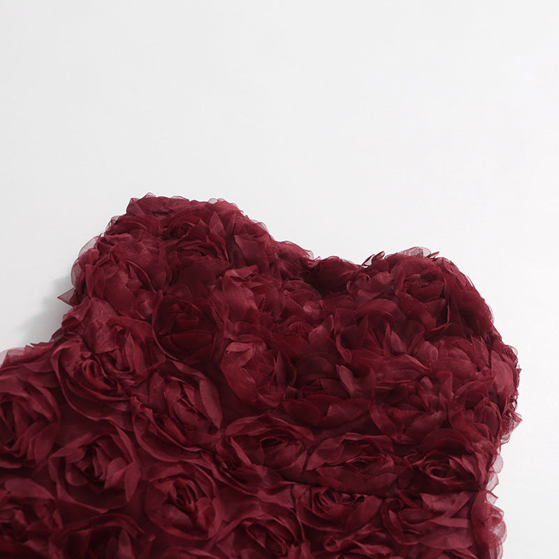 Bordo 3D Çiçek Detaylı Straplez Uzun Elbise