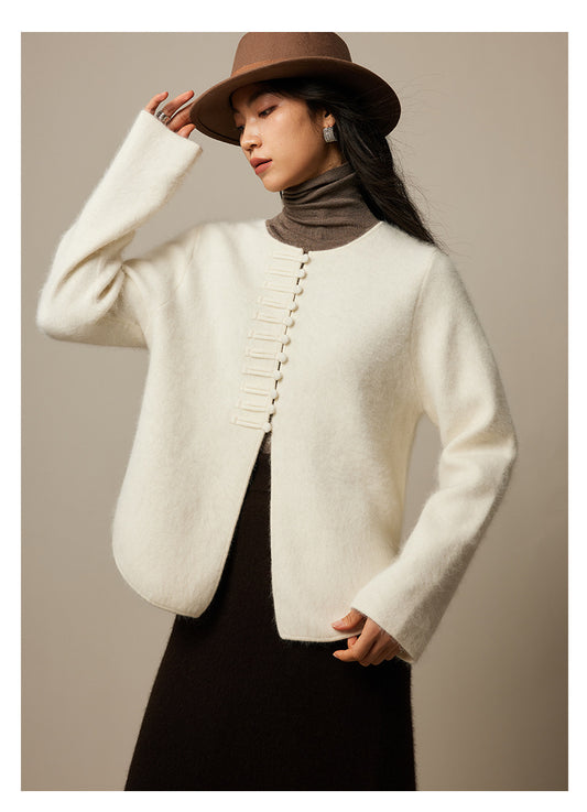 Zarif Çin Düğmeli Yün Karışımlı Triko Hırka