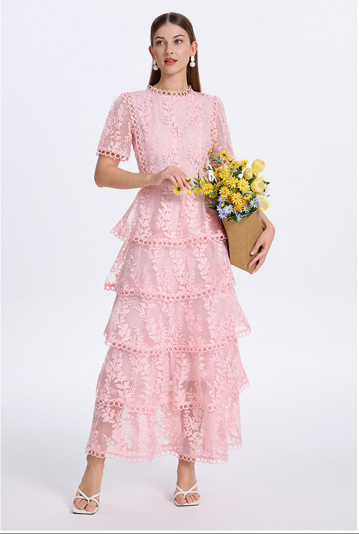 İşlemeli Kat Kat Fırfırlı Maxi Elbise