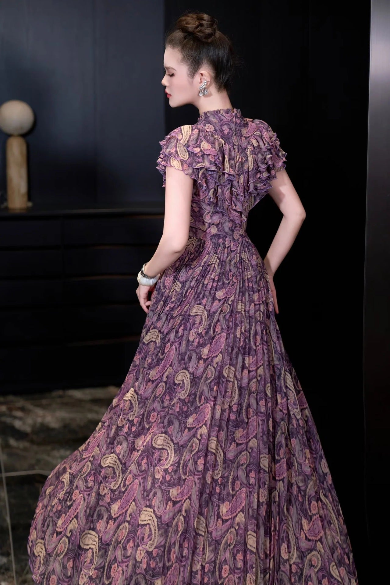 Vintage Rouge Desenli Uzun Elbise