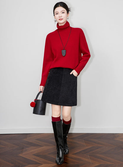 Retro Peluş Dokulu Yüksek Bel Kışlık Kısa Etek (Kemersiz)