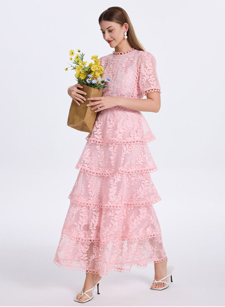 İşlemeli Kat Kat Fırfırlı Maxi Elbise