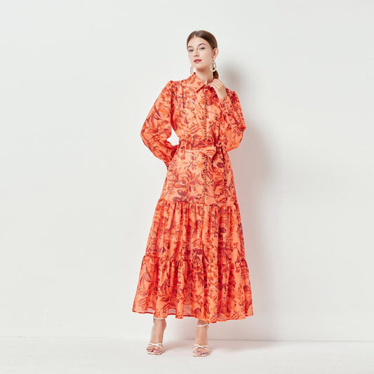 Modern Desenli Kuşaklı Uzun Elbise