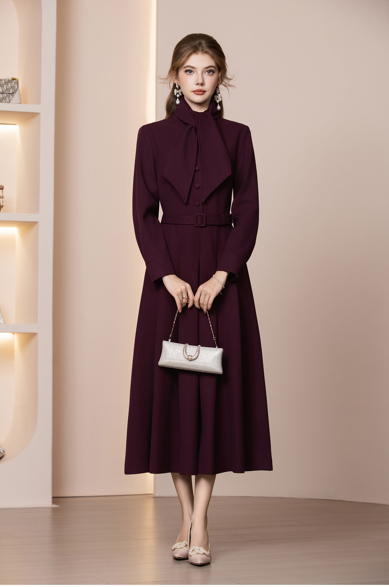 Veloura Kemerli Yün Karışımlı Uzun Kış Elbisesi