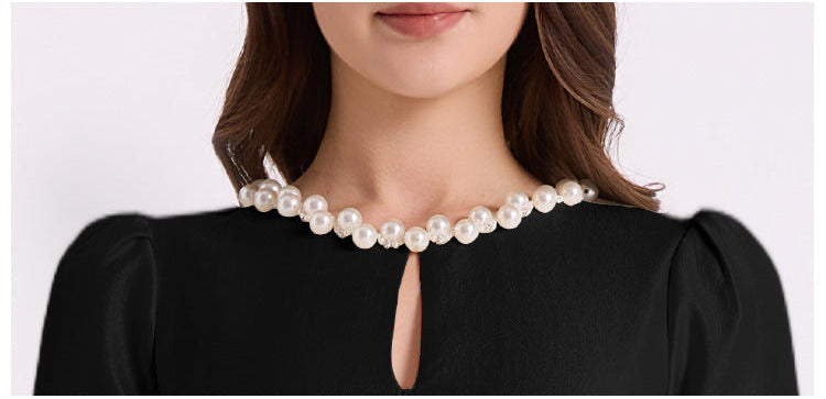 İnci Yaka Siyah Maxi Elbise