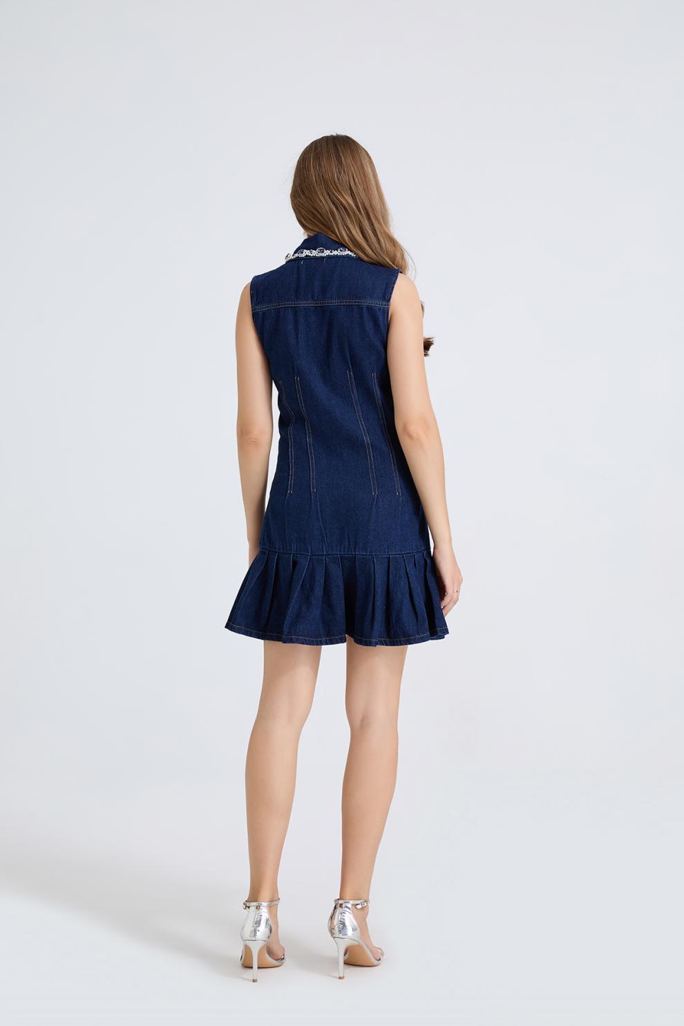 Taş Detaylı Denim Polo Mini Elbise