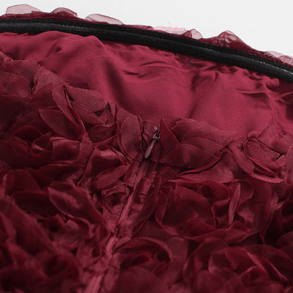 Bordo 3D Çiçek Detaylı Straplez Uzun Elbise