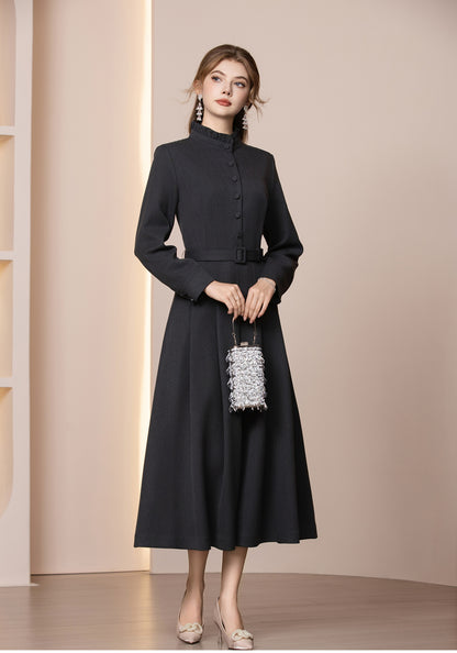 Veloura Kemerli Yün Karışımlı Uzun Kış Elbisesi