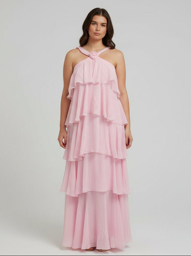 Halter Yaka Kat Kat Maxi Elbise