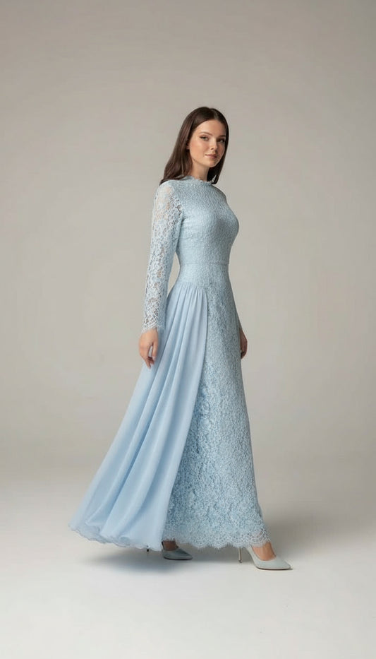 Dantelli İnce Bel Detaylı Şık Uzun Elbise