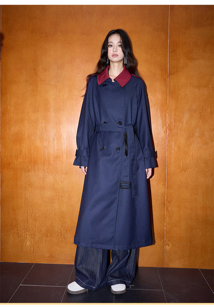 Kontrast Detaylı Retro Tarz Orta Boy Loose Trençkot