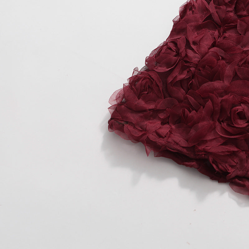 Bordo 3D Çiçek Detaylı Straplez Uzun Elbise