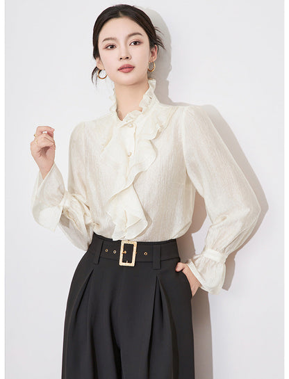 Fırfır Yaka Düğmeli Krem Gömlek