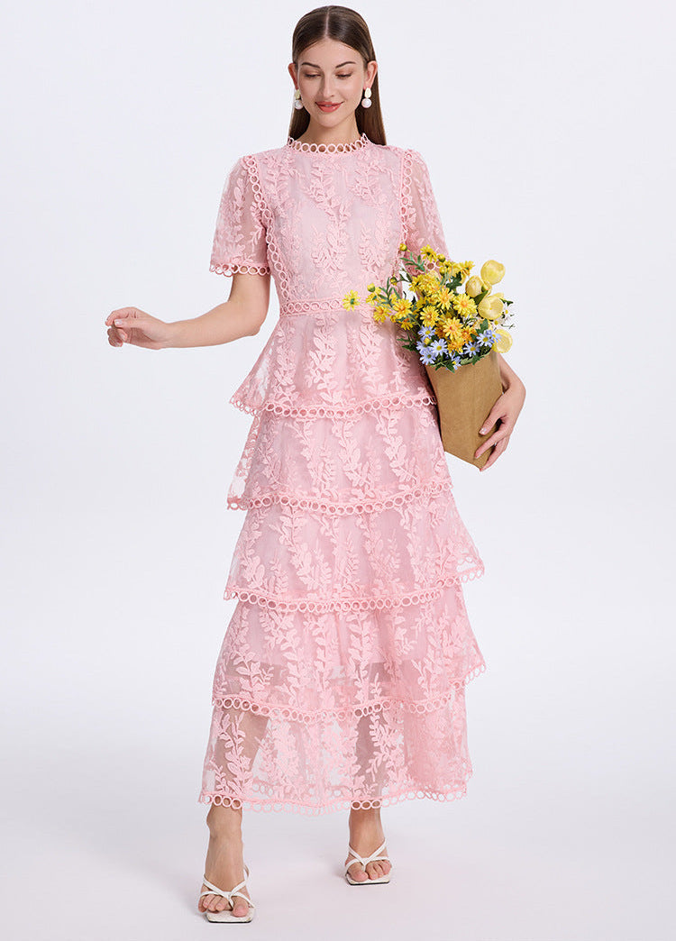 İşlemeli Kat Kat Fırfırlı Maxi Elbise