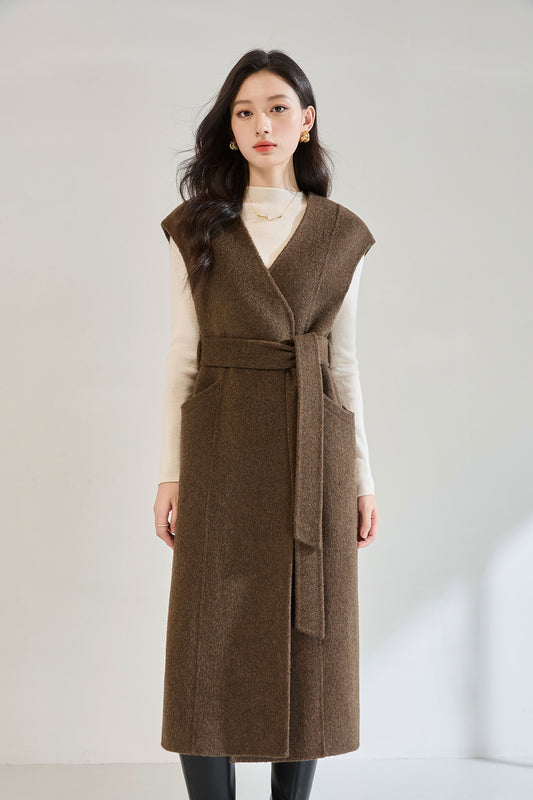 Klasik V-Yaka Yün Karışımlı Uzun Kaşe Yelek
