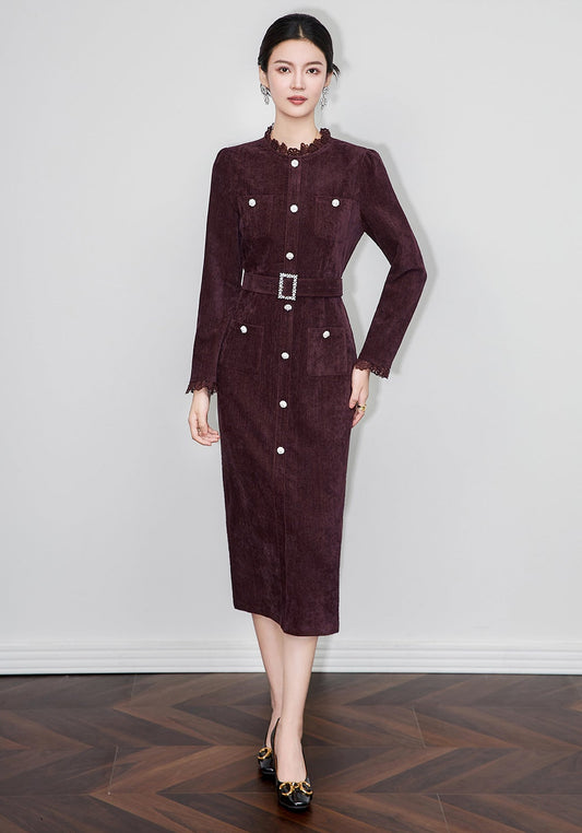 Zarif Kiraz Moru İşlemeli Chenille Elbise