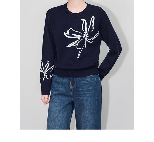 Zarif Kontrast Nakışlı %100 Merino Yün Triko Kazak