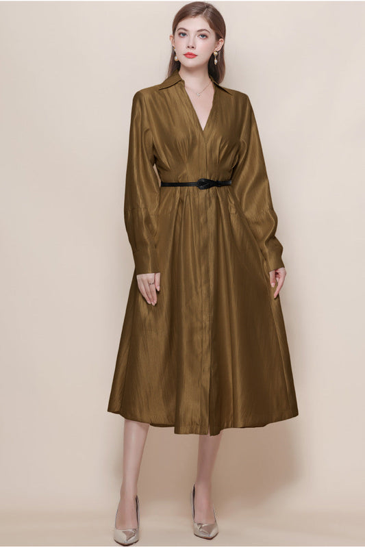 İpek Dokulu Kemerli Klasik Yaka Midi Elbise