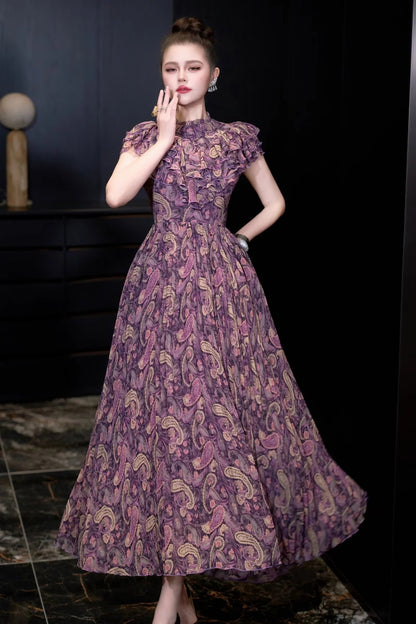 Vintage Rouge Desenli Uzun Elbise