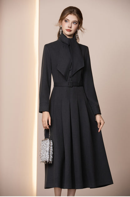 Veloura Kemerli Yün Karışımlı Uzun Kış Elbisesi