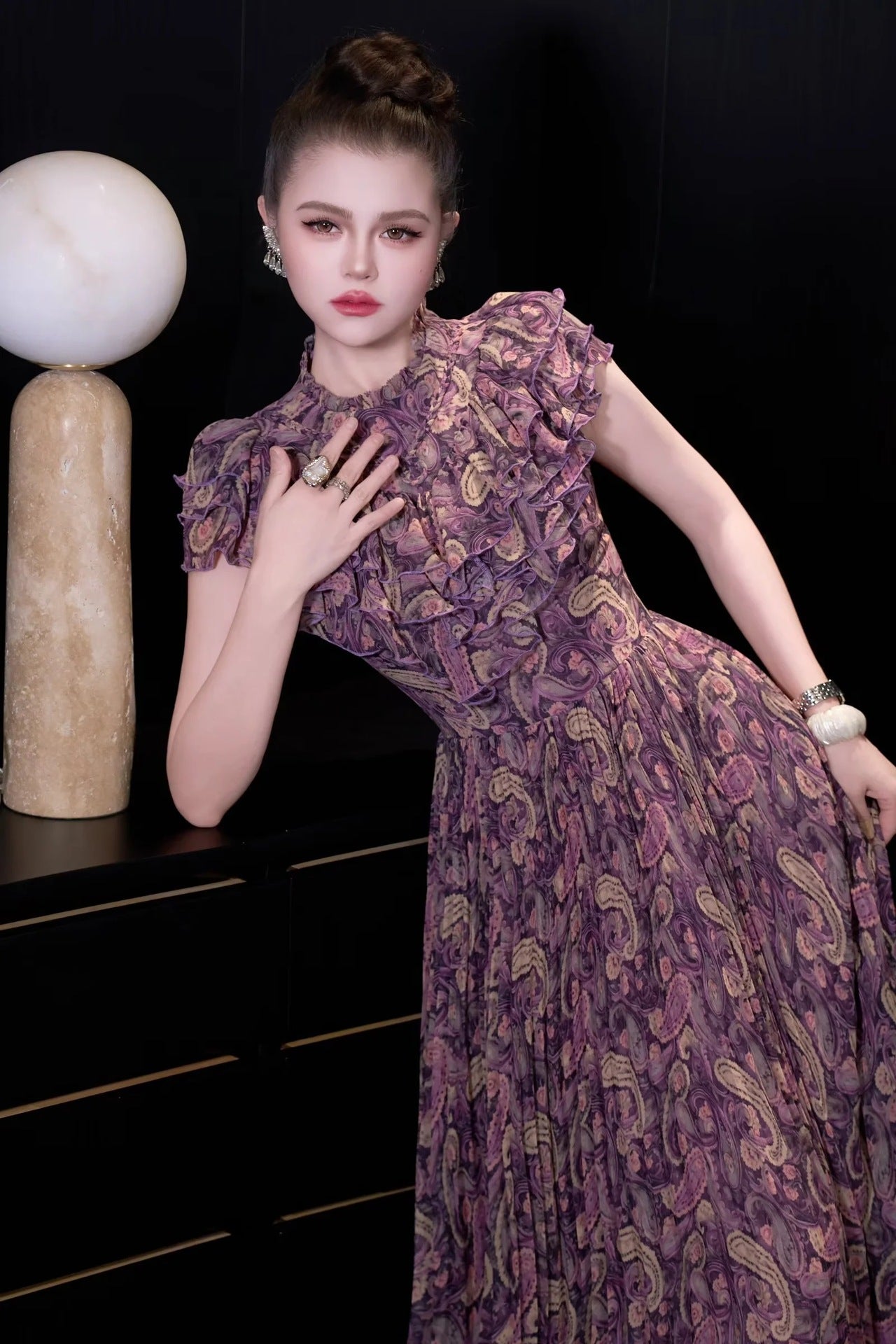 Vintage Rouge Desenli Uzun Elbise