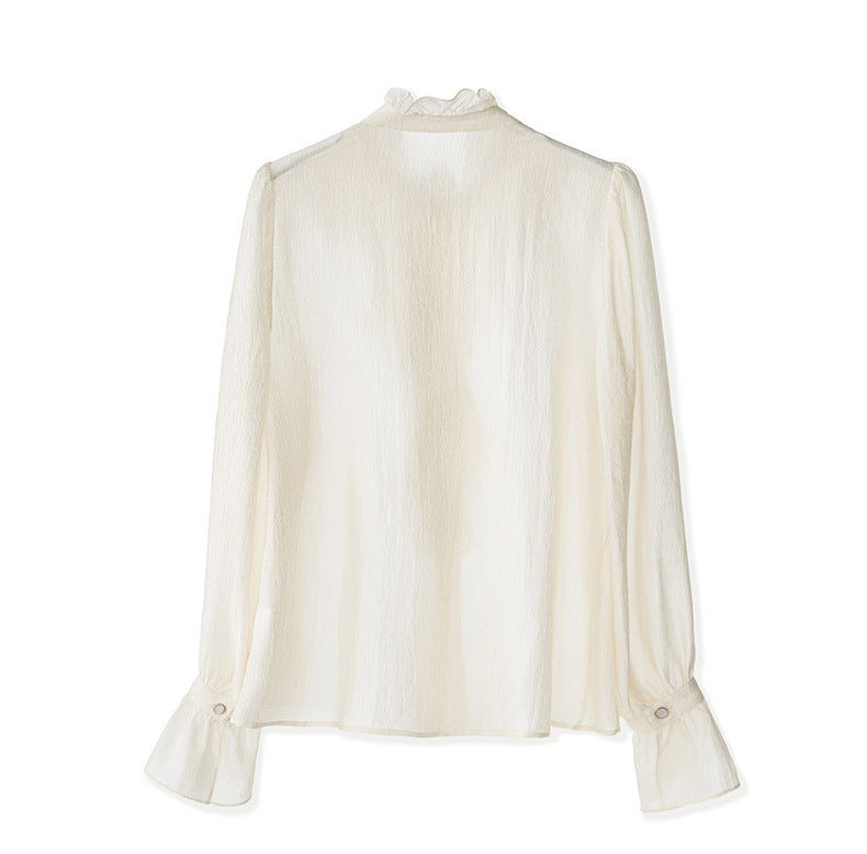 Fırfır Yaka Düğmeli Krem Gömlek