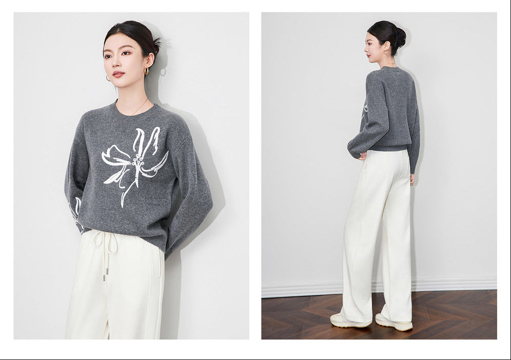 Zarif Kontrast Nakışlı %100 Merino Yün Triko Kazak