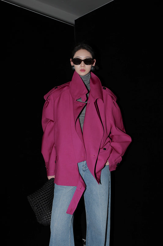 Retro İngiliz Tarzı Kısa Trençkot – Çift Düğmeli Oversize Tasarım
