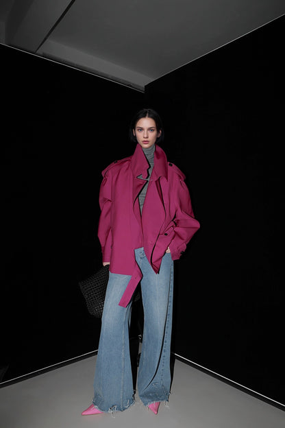 Retro İngiliz Tarzı Kısa Trençkot – Çift Düğmeli Oversize Tasarım