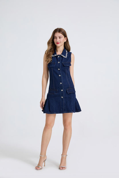 Taş Detaylı Denim Polo Mini Elbise