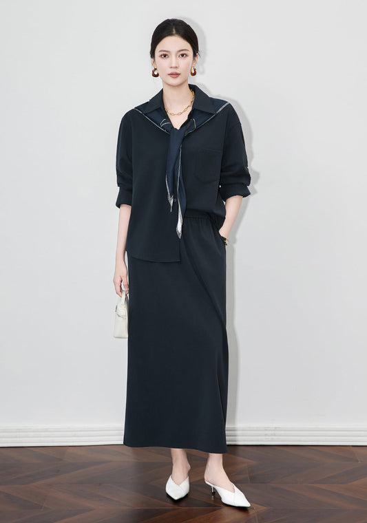 Old Money Stili Üçlü Takım – Gömlek, Etek ve Şal Kombini