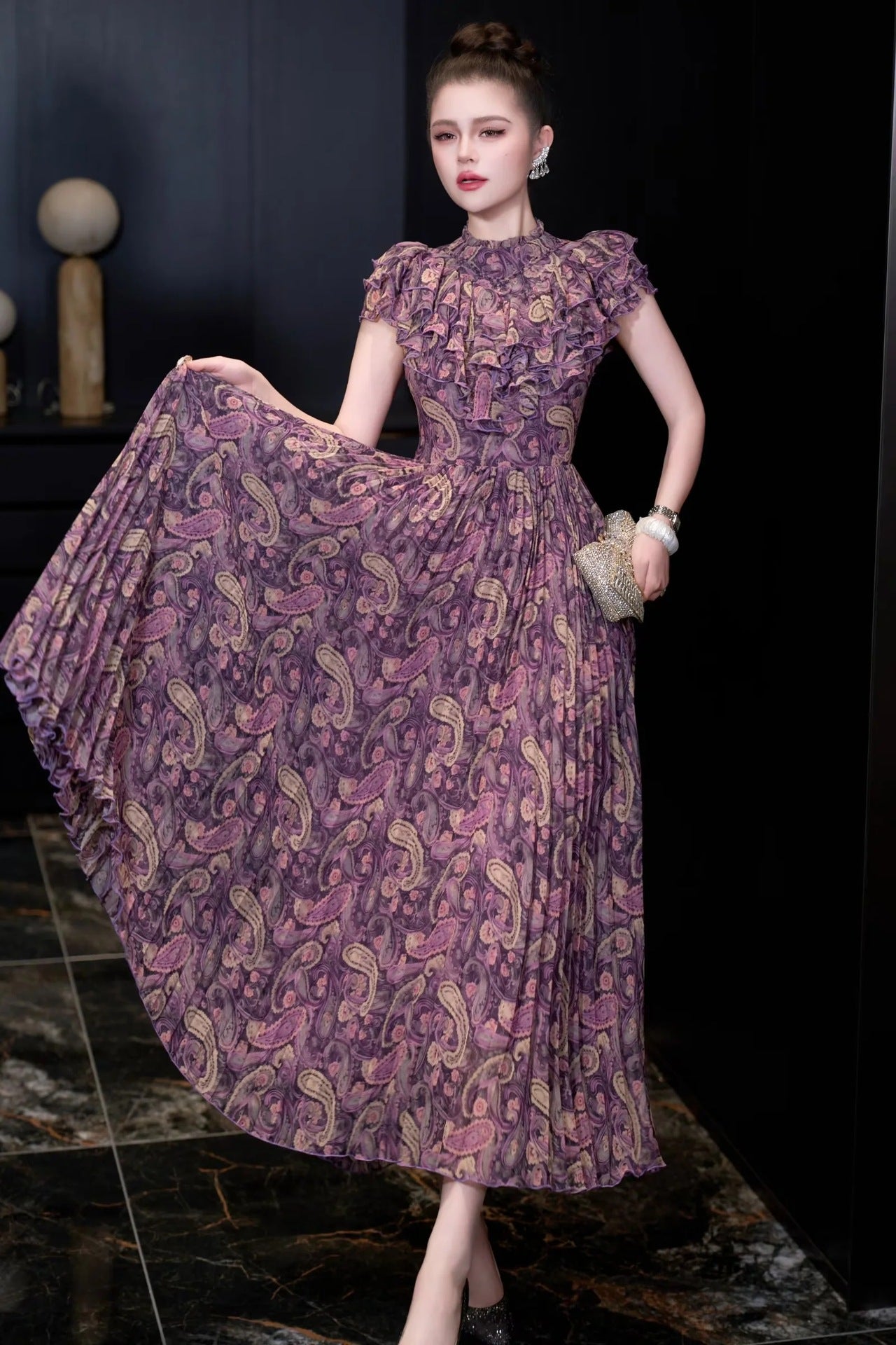 Vintage Rouge Desenli Uzun Elbise